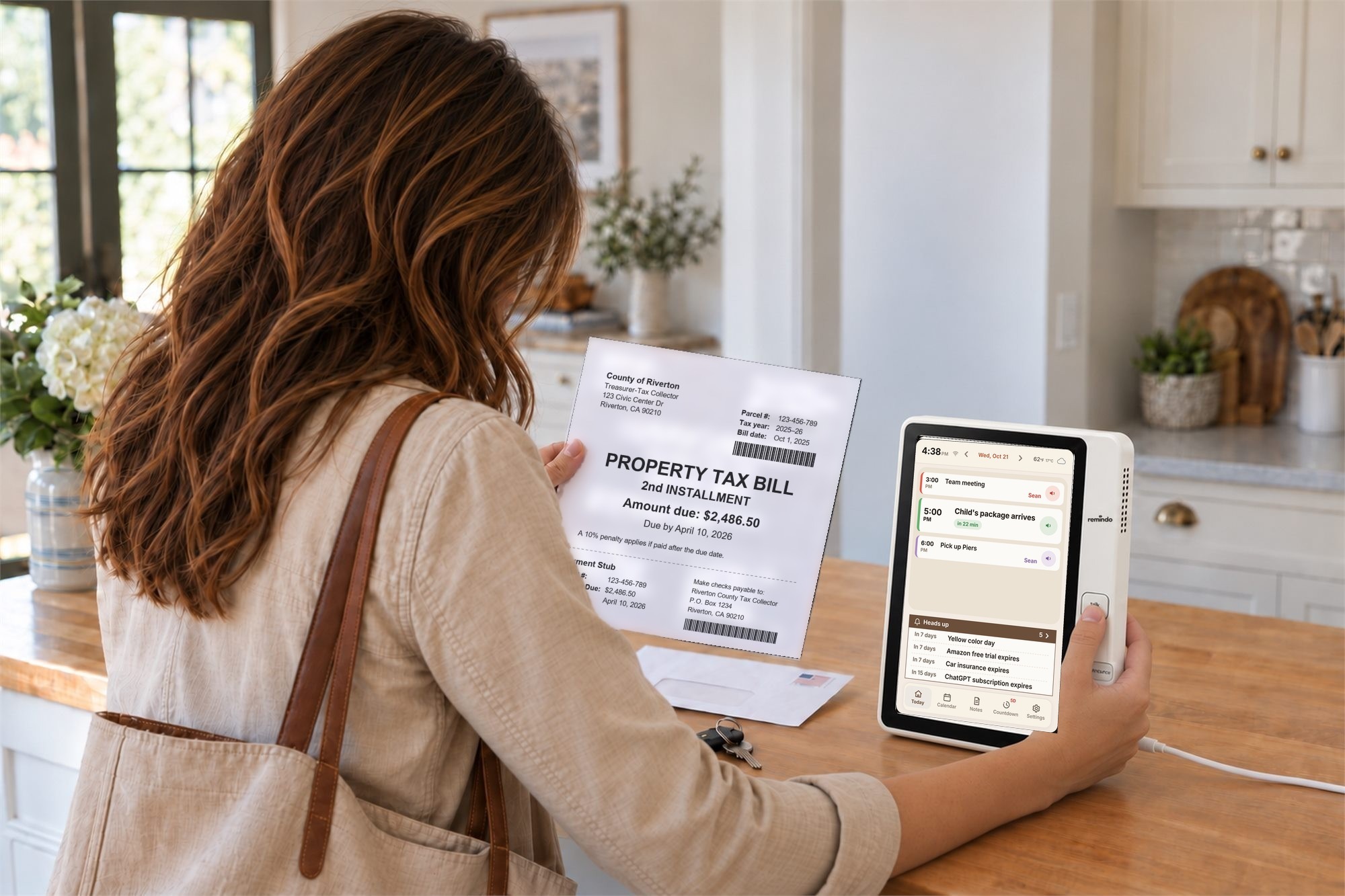 A woman reads a parking violation notice and presses the Talk button on the Remindo device