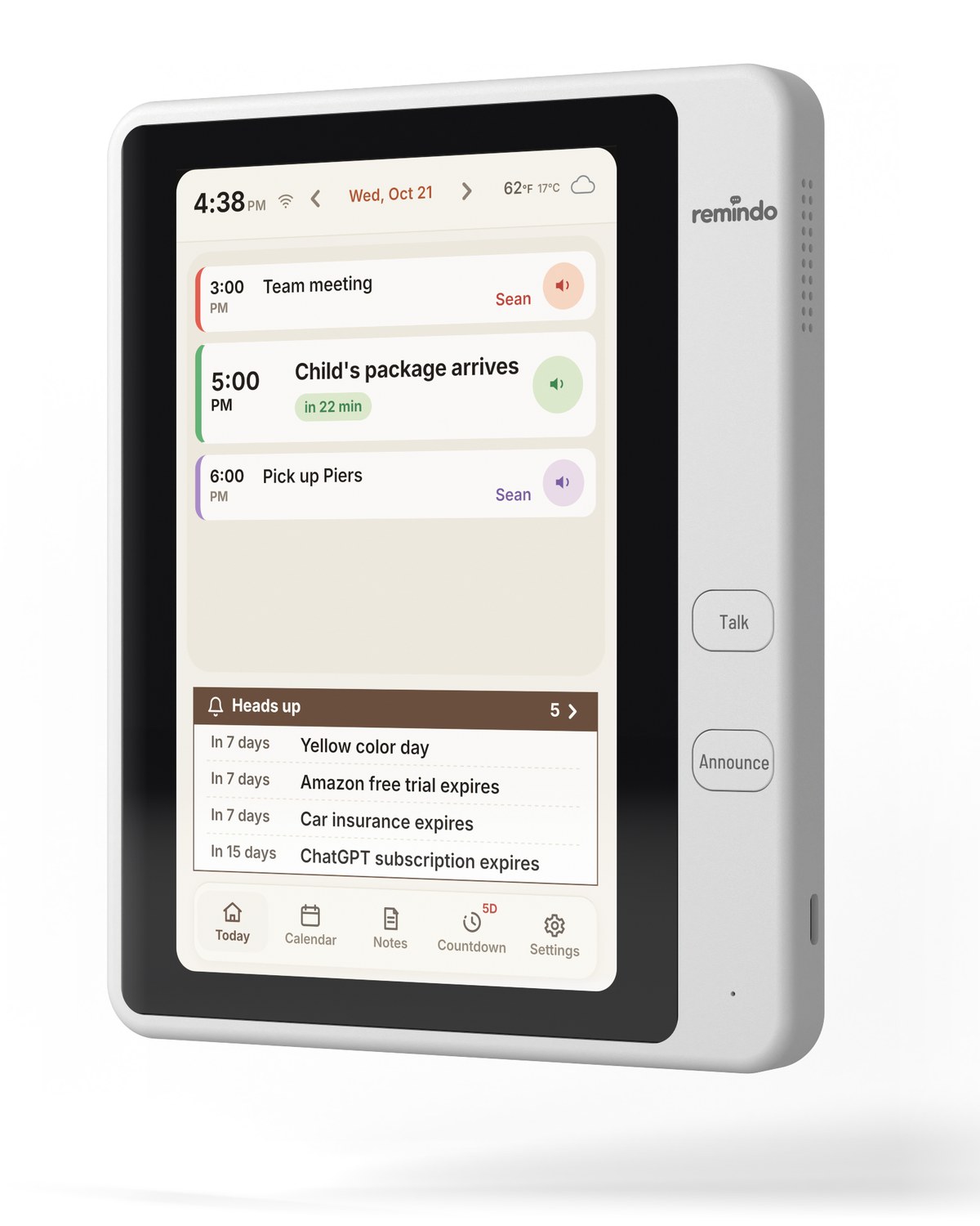 Remindo, a white countertop family calendar with an 8-inch touchscreen and Talk and Announce buttons