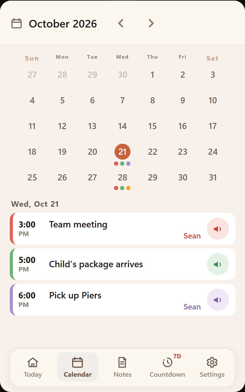Remindo Calendar screen: the month at a glance with the day's reminders below