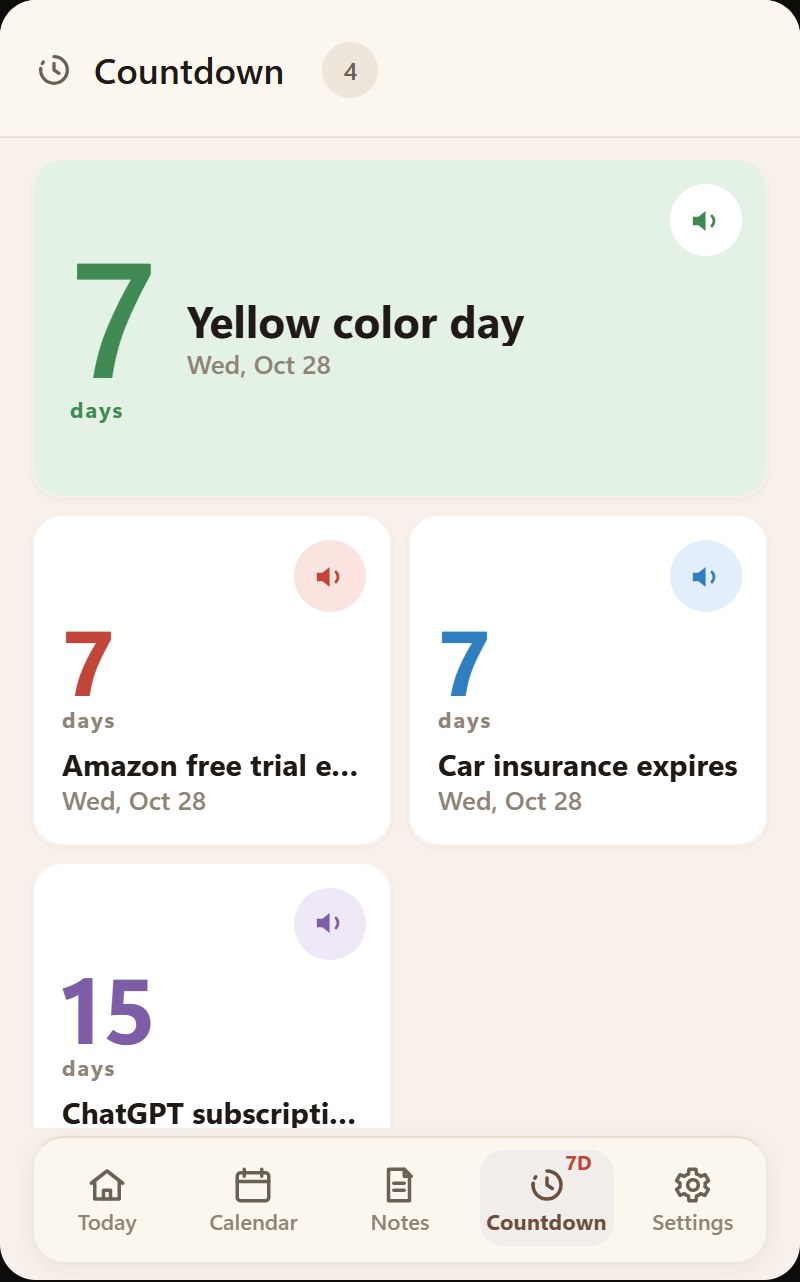 Remindo Countdown screen: days left until family events